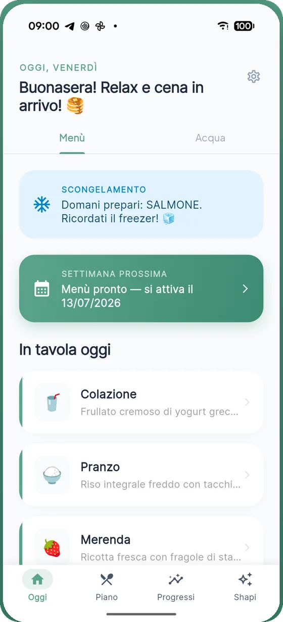 Schermata Oggi di Shapi, con il menù del giorno